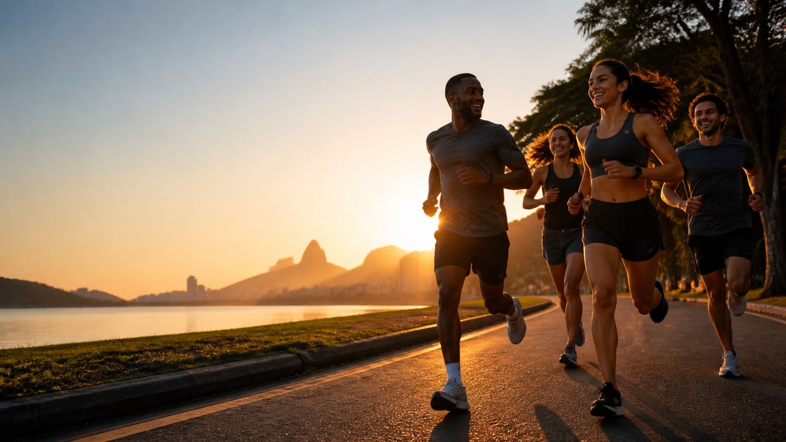 Grupo de corredores treinando juntos ao amanhecer