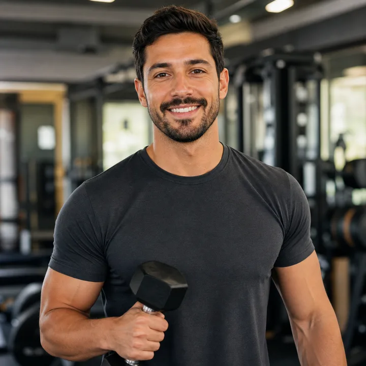 Personal trainer sorrindo com halter em uma academia