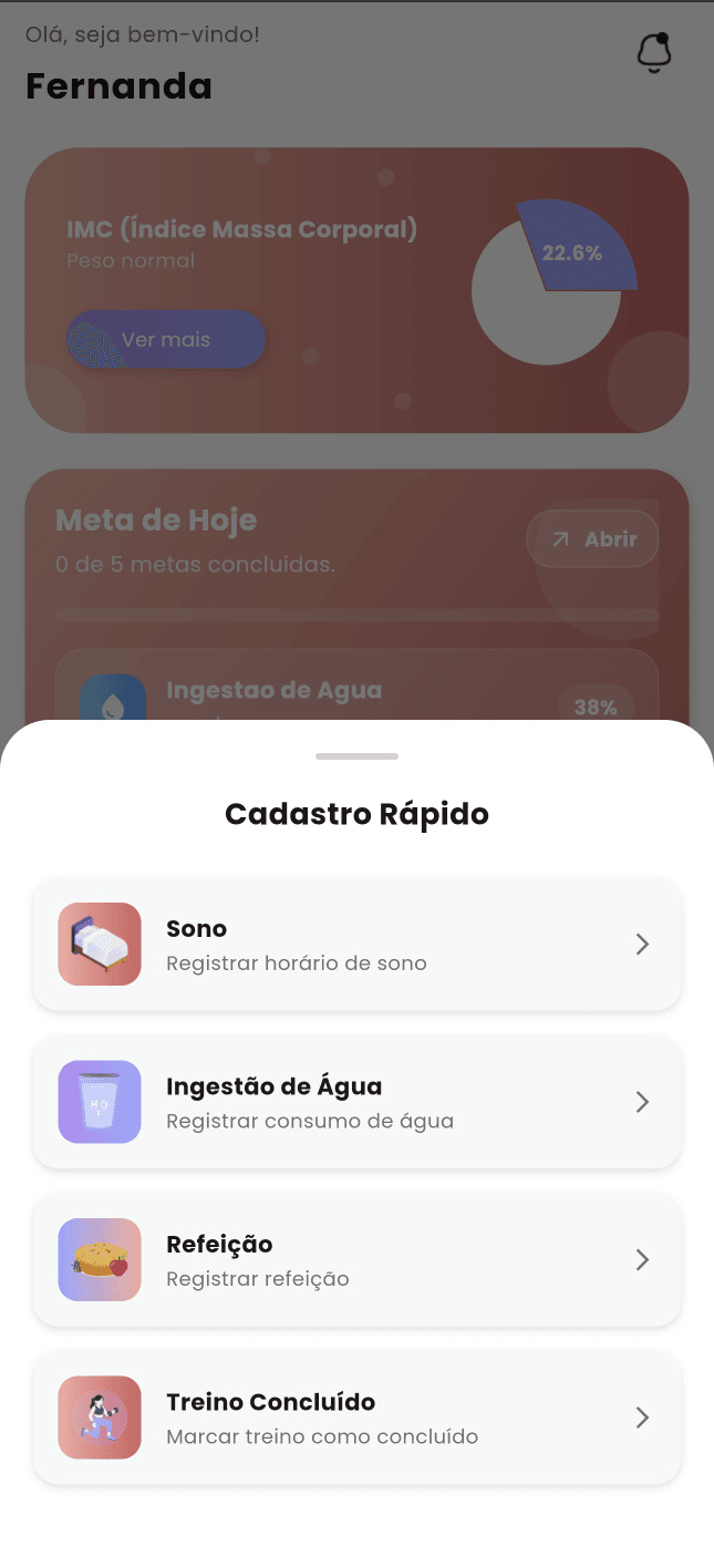 Tela de cadastro rápido do VitFit