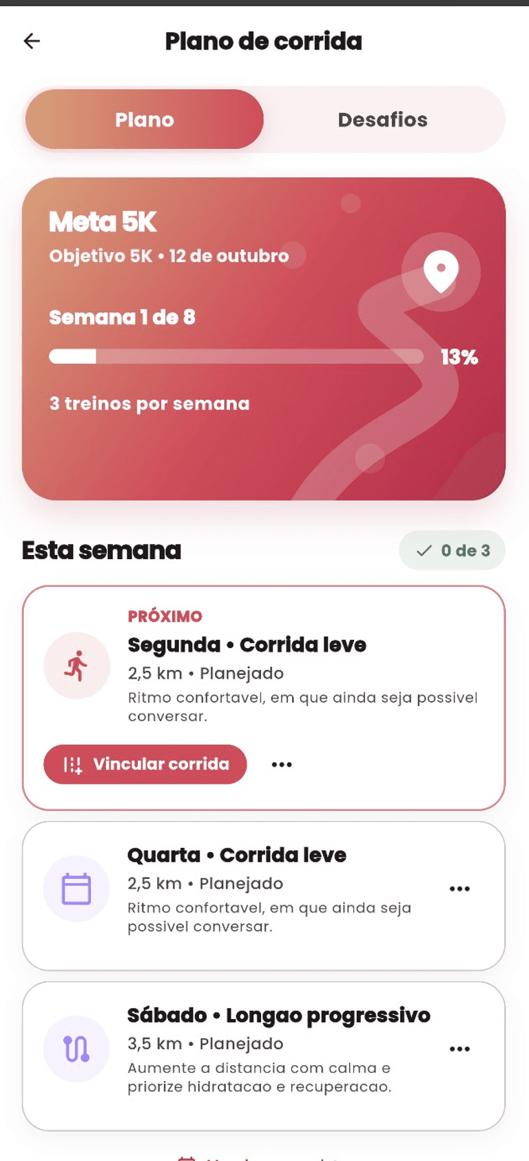 Tela do plano de corrida do VitFit com meta, semana e sessões planejadas