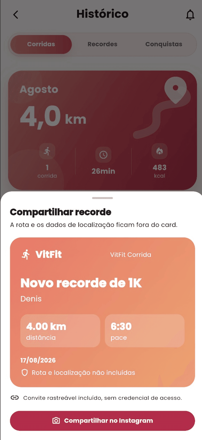 Card de recorde de corrida do VitFit sem rota ou localização