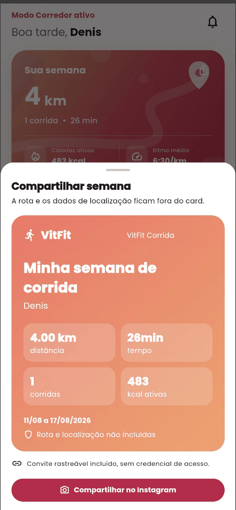 Card da semana de corrida no VitFit com progresso e sem rota